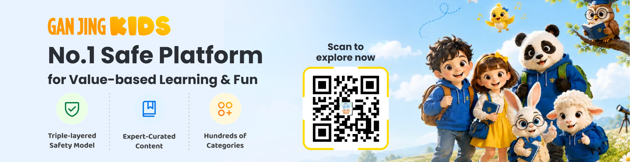 Gan Jing Kids — the No.1 safe platform for value-based learning and fun. Scan to explore now.